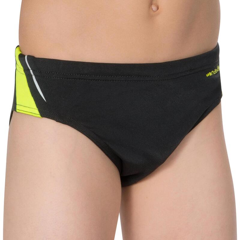 MAILLOT DE BAIN SLIP NATATION GARçON 900 YOKE NOIR JAUNE