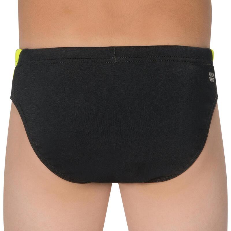 MAILLOT DE BAIN SLIP NATATION GARçON 900 YOKE NOIR JAUNE