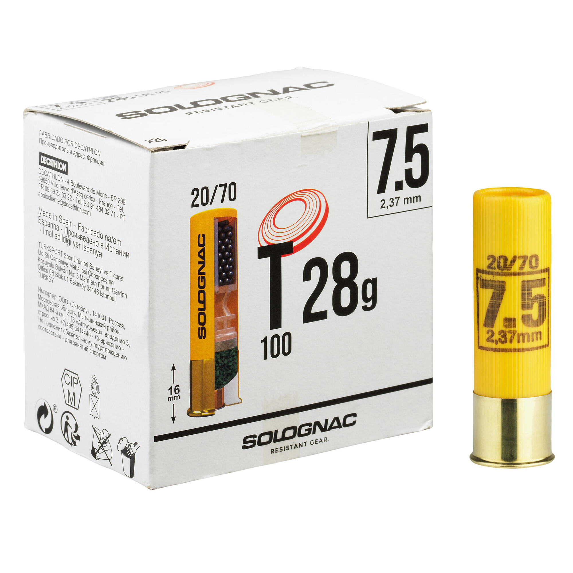 CARTOUCHE T100 28g CALIBRE 20/70 PLOMB N°7,5 X25 | Solognac