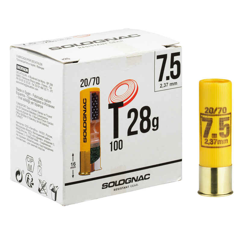Clay Pigeon Shooting Cartridge T100 28g 20/70 Gauge 7.5 Shot x25