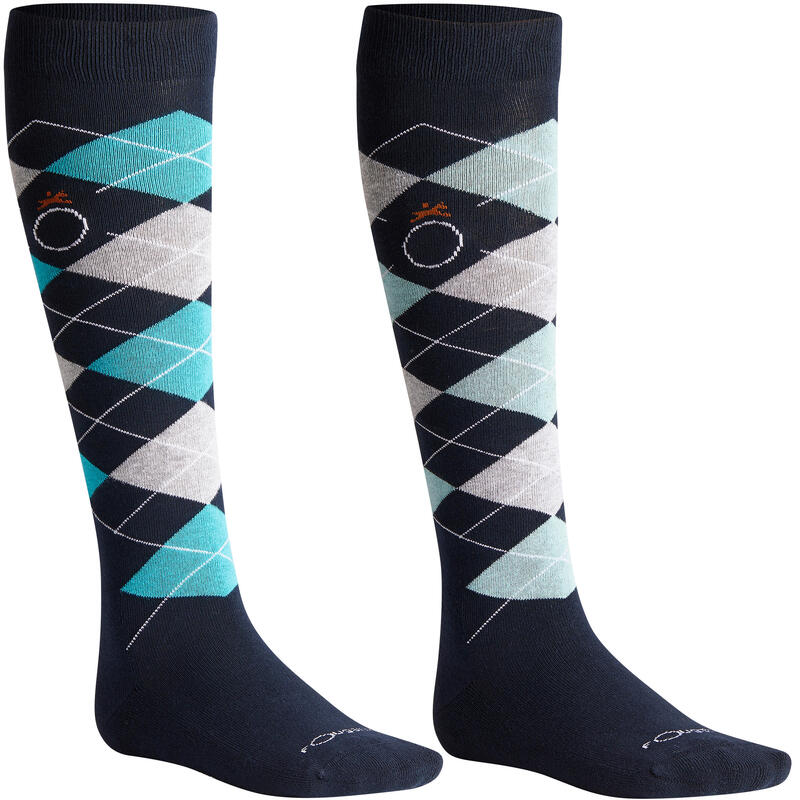 Chaussettes équitation adulte LOSANGES marine/turquoise et marine/gris clair