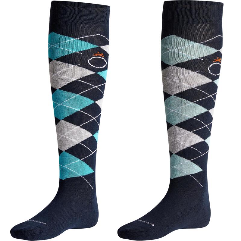 Chaussettes équitation adulte LOSANGES marine/turquoise et marine/gris clair