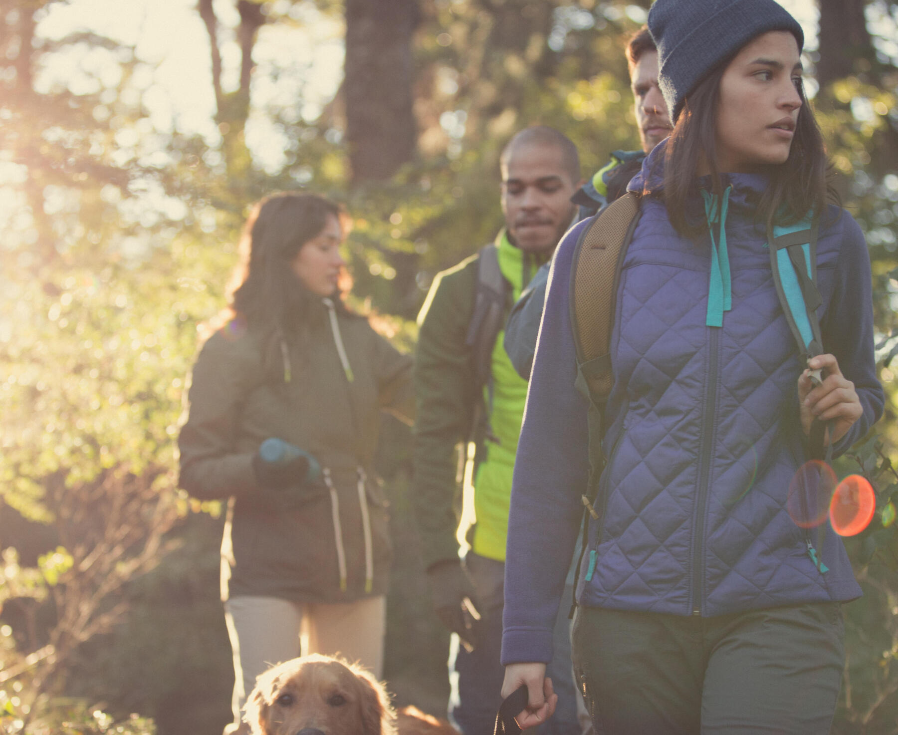 hiking with friends in the sunlight