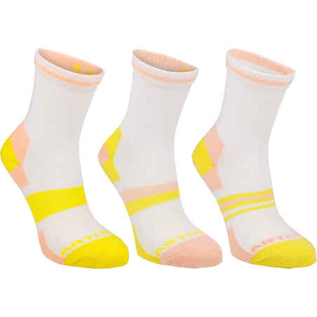 CHAUSSETTES DE SPORT JUNIOR HAUTES ARTENGO RS 160 ROSES ET JAUNES LOT DE 3