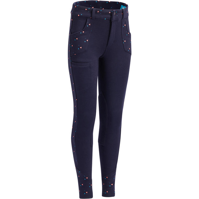 Pantalon équitation fille 120 PRINT marine à points rose