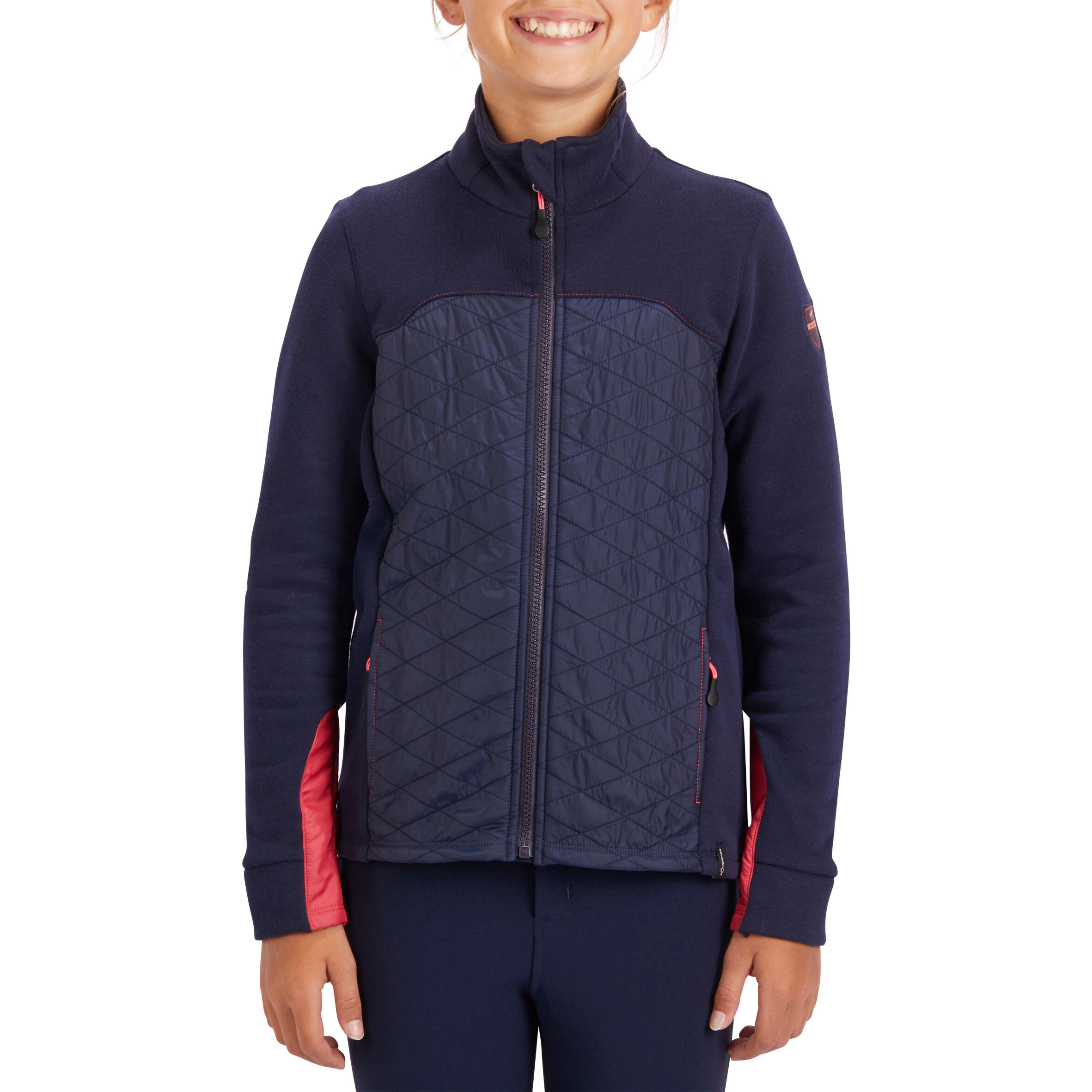 foto van Sweater ruitersport kinderen twee materialen 500 marineblauw maat 128