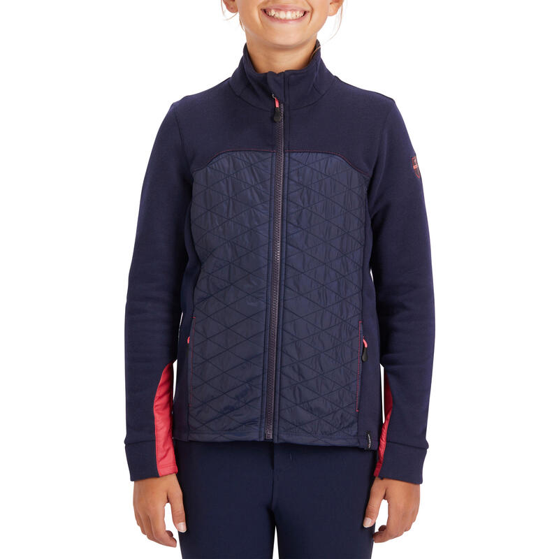 Sweater voor ruitersport kinderen 500 bi-materiaal met rits marineblauw/roze