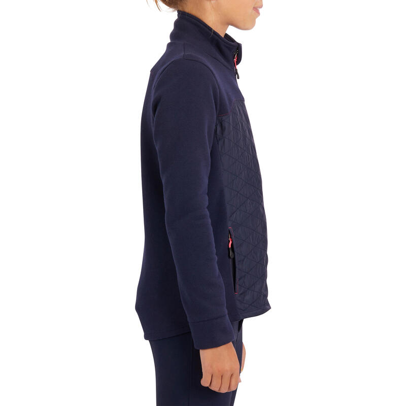 Sweater voor ruitersport kinderen 500 bi-materiaal met rits marineblauw/roze