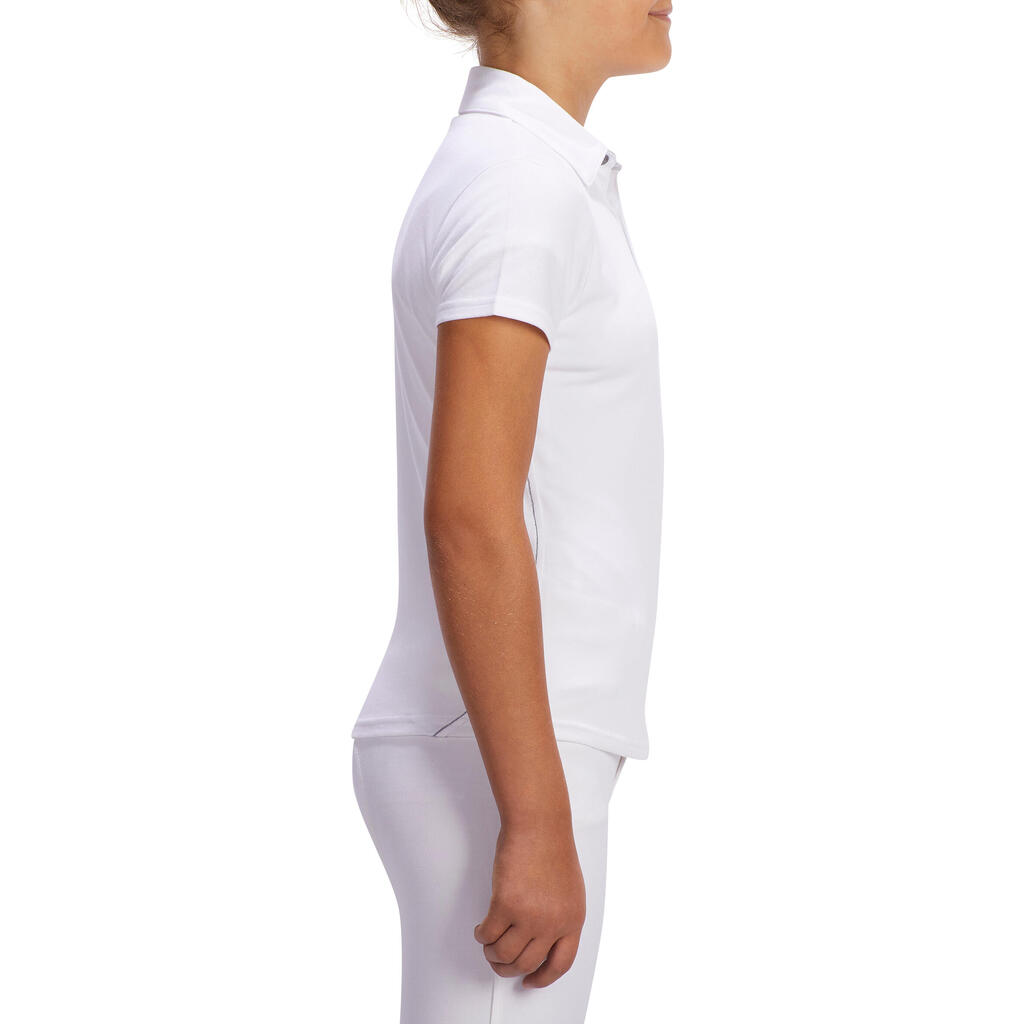 Bērnu īspiedurkņu jāšanas sacensību demonstrācijas polo krekls “100”, balts