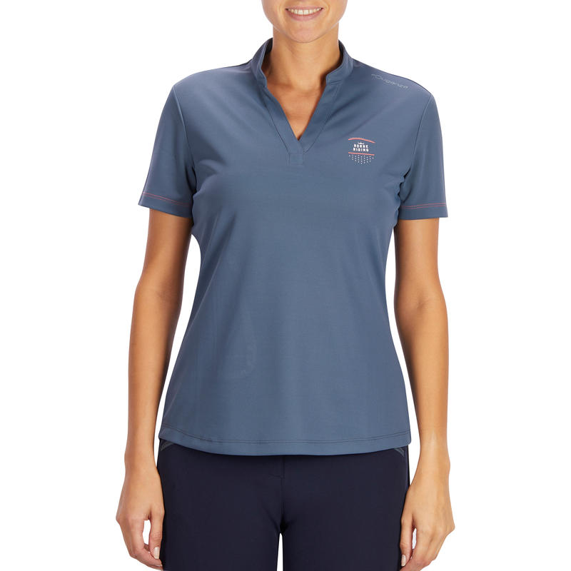 Polo manches courtes équitation femme 500 Maille gris et marine Polo manches courtes équitation femme 500 Maille gris et marine