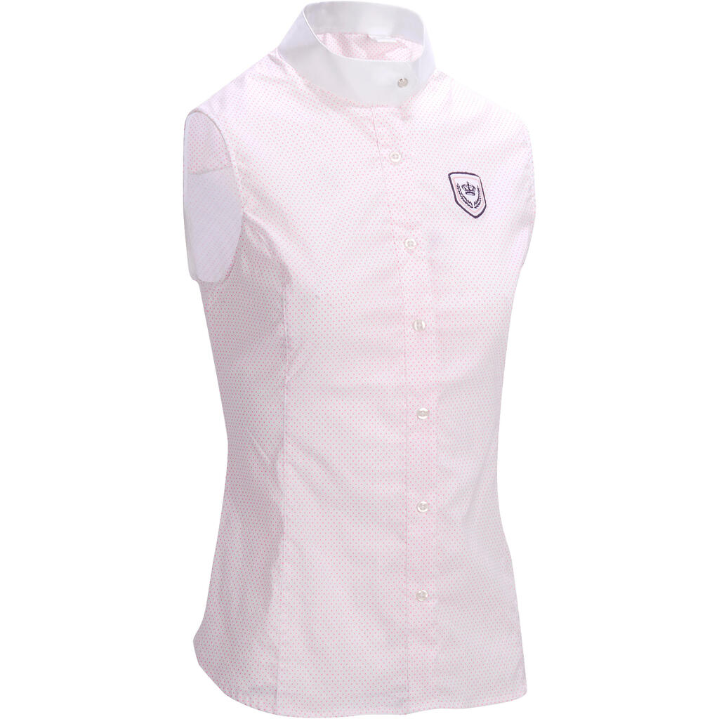 Ärmellose Turnier-Reitbluse Damen weiß mit rosa Punkten