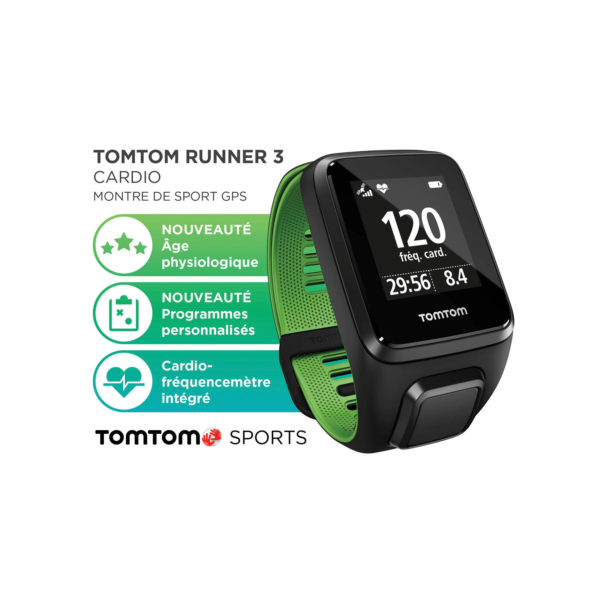 Sports GPS HR Watch Runner 3 size L Black Green Strap TOMTOM Decathlon