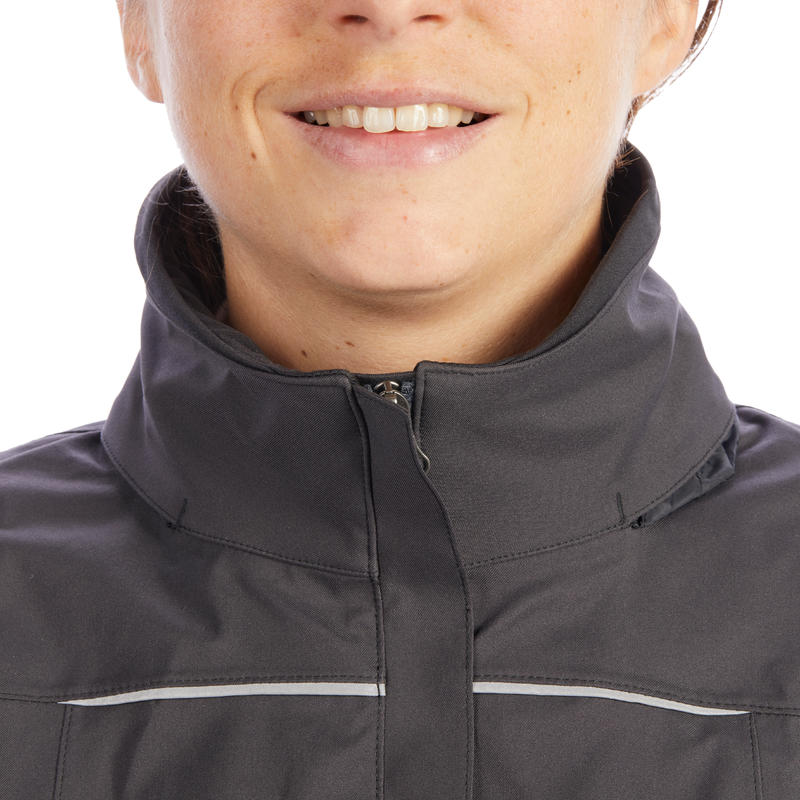 500 Women's Horse Riding Waterproof Jacket Dark Grey and Chevron Pattern Decathlon