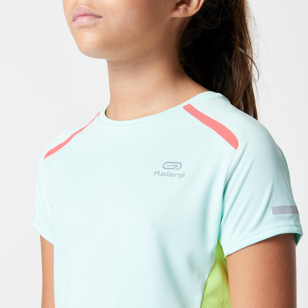 Detské tričko Kiprun na atletiku mentolovo-modro-žlté fluorescenčné