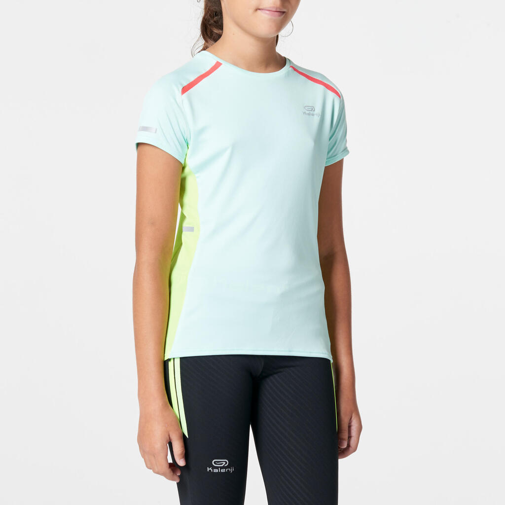 Detské tričko Kiprun na atletiku mentolovo-modro-žlté fluorescenčné