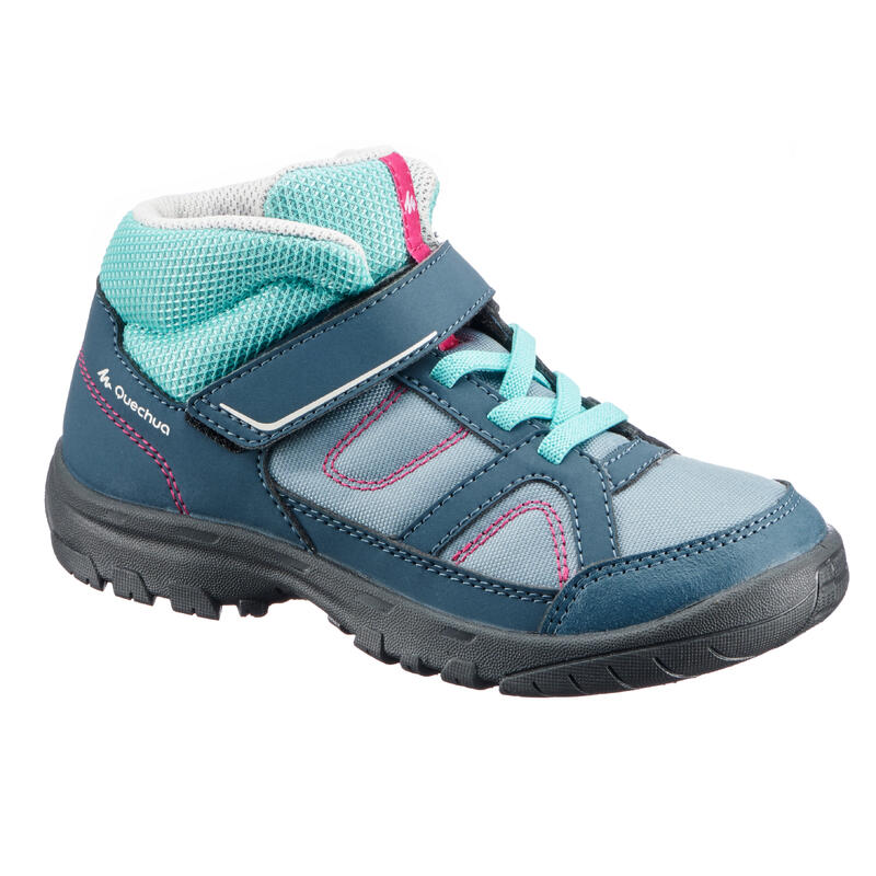 VELCRO MOUNTAIN HIKING SHOES - MH100 MID - GREY/PINK - KIDS