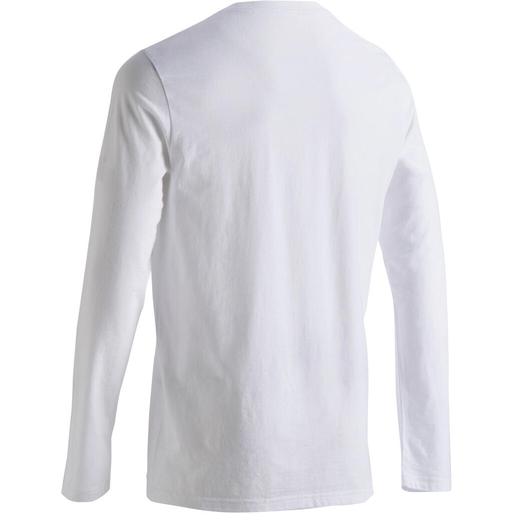 Men's Long-Sleeved Straight-Cut Crew Neck Cotton Fitness T-Shirt 100 - Glacier White