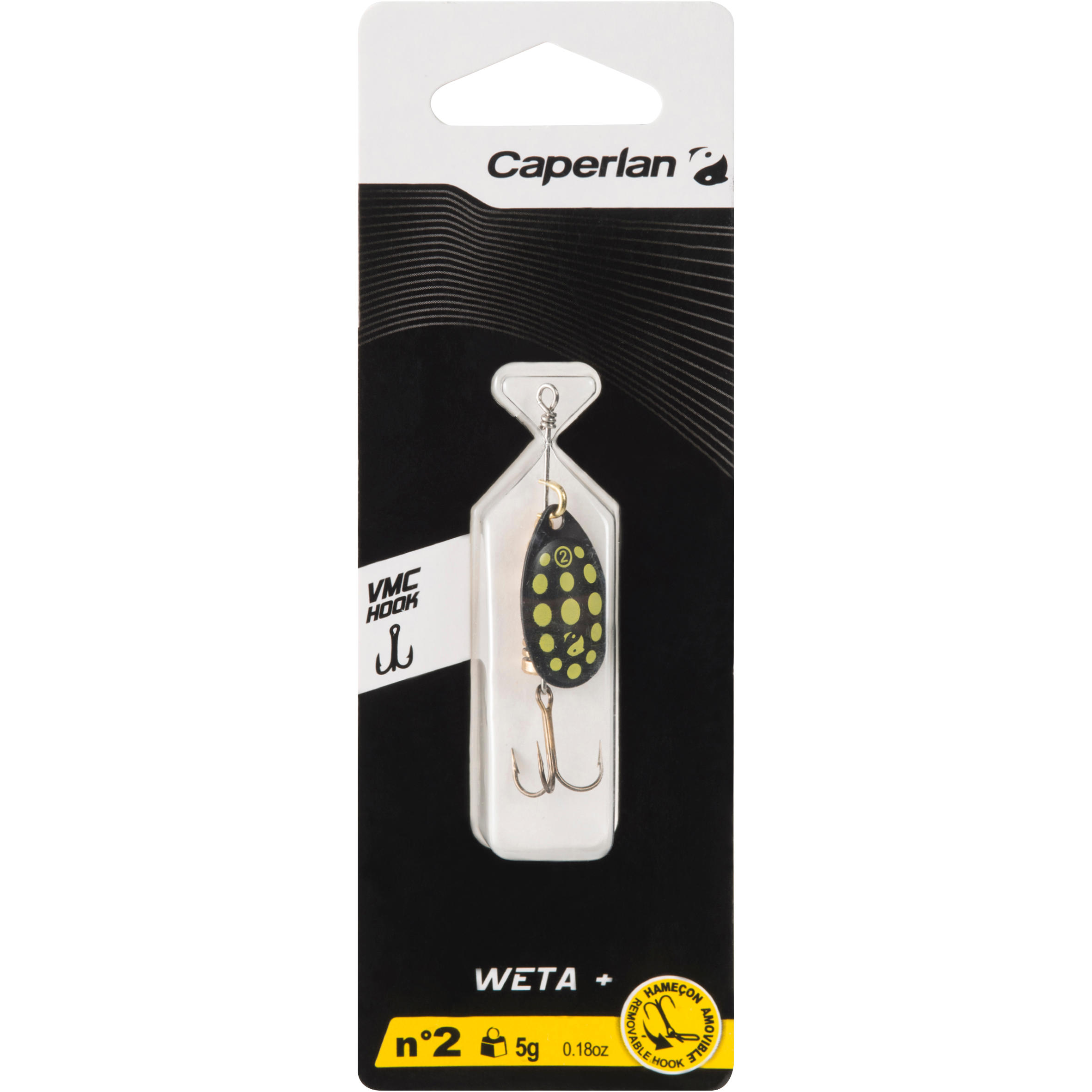 CUILLER TOURNANTE PÊCHE AUX CARNASSIERS WETA + n° 2 NOIR POINTS JAUNES - CAPERLAN