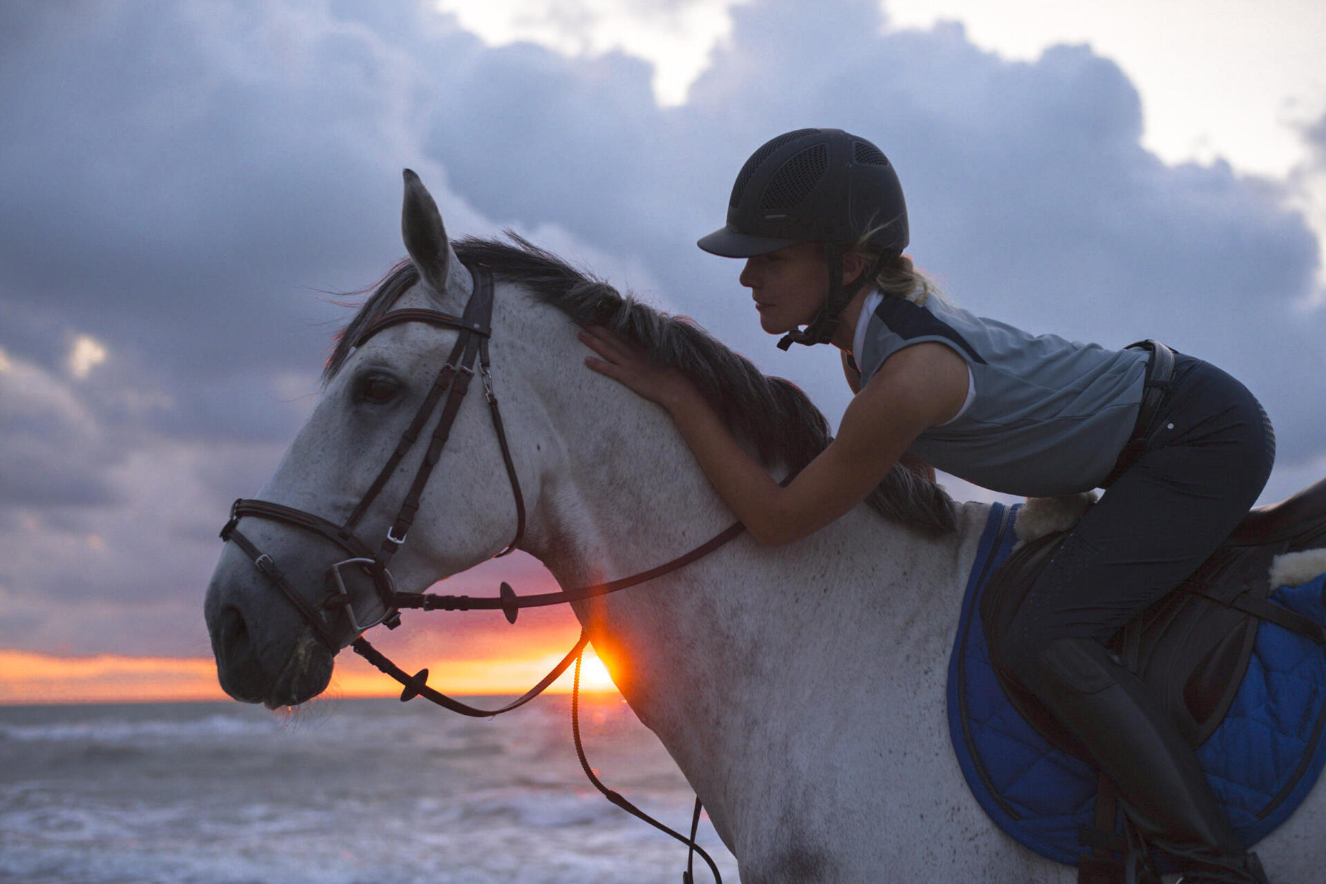 cavalière et son cheval gris sur une plage avec le coucher de soleil