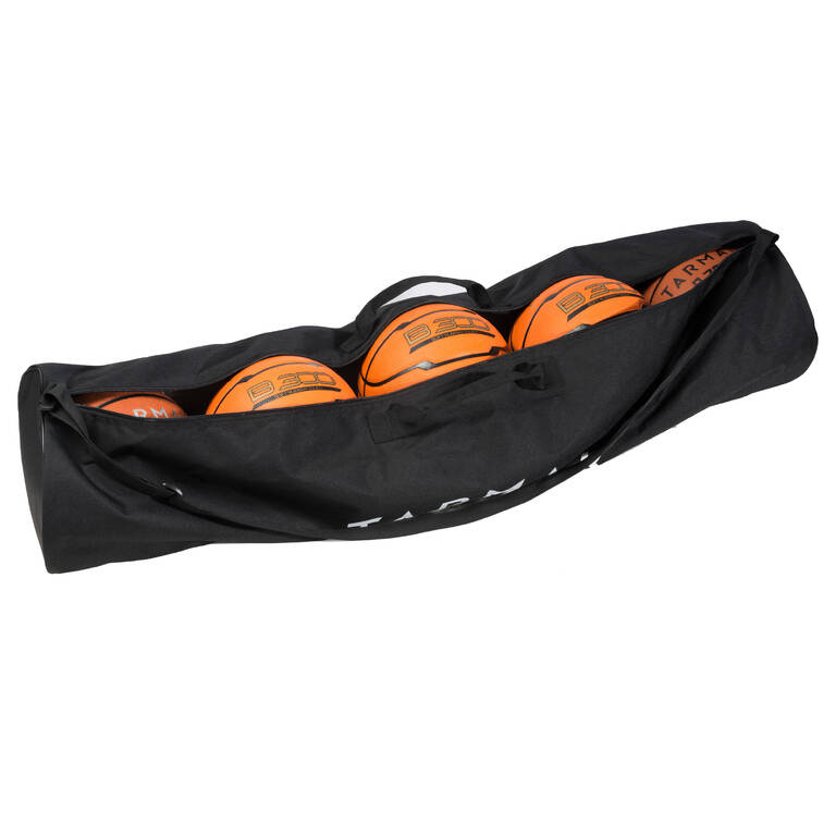 Durable basketball bag for carrying up to five balls (sizes 5 to 7).