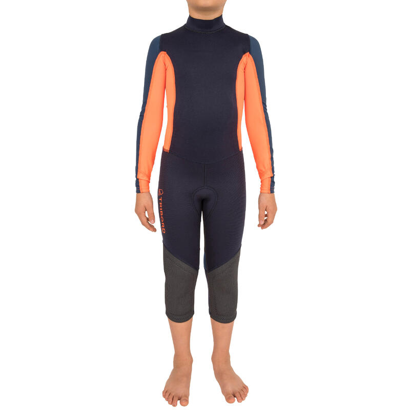 Dětská kombinéza na plavbu s UV ochranou Dinghy 500 neopren 1 mm modro-oranžová