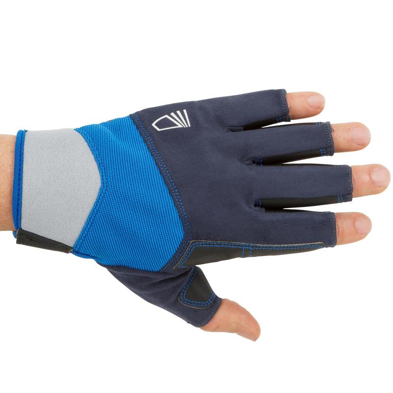 blue leather fingerless gloves