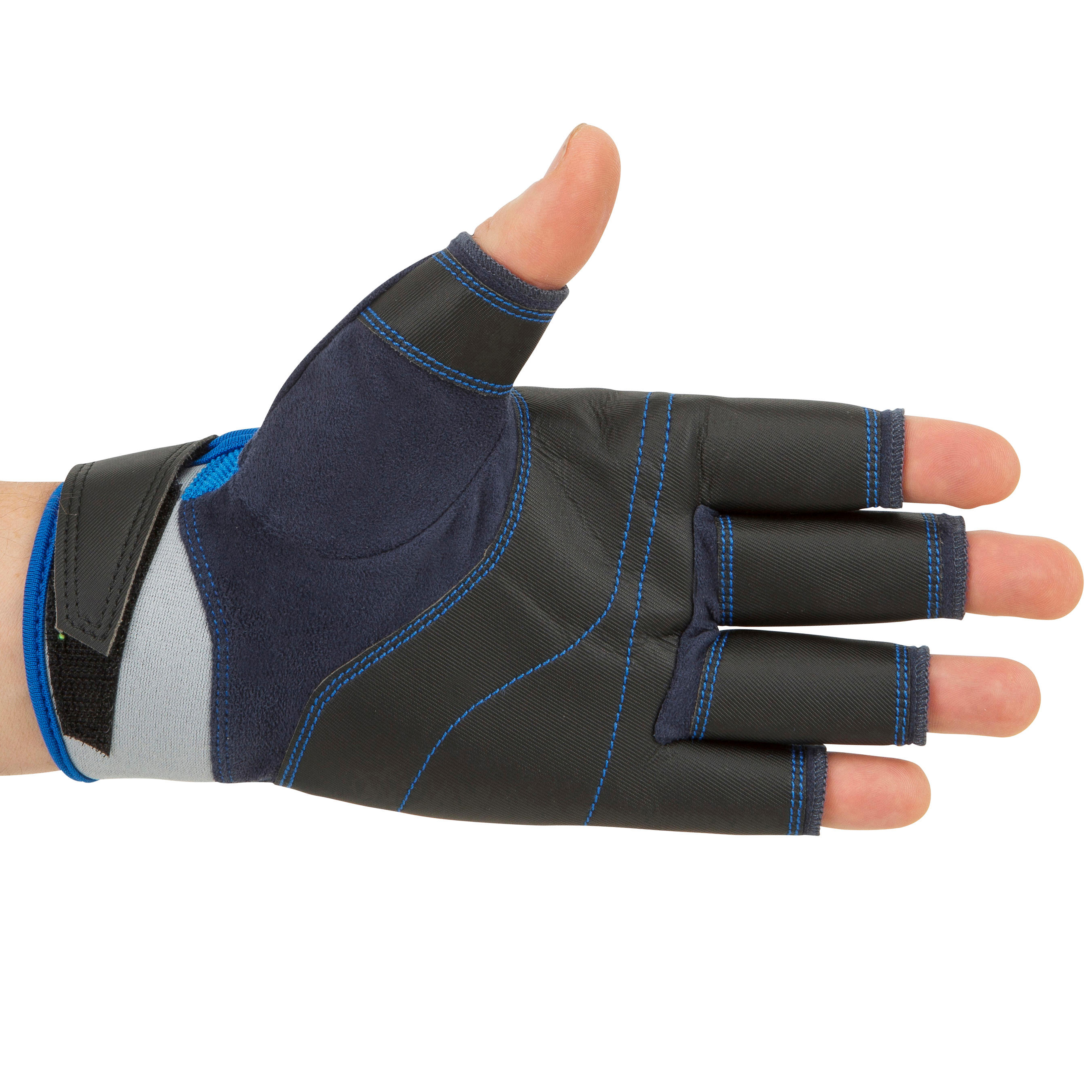 blue leather fingerless gloves