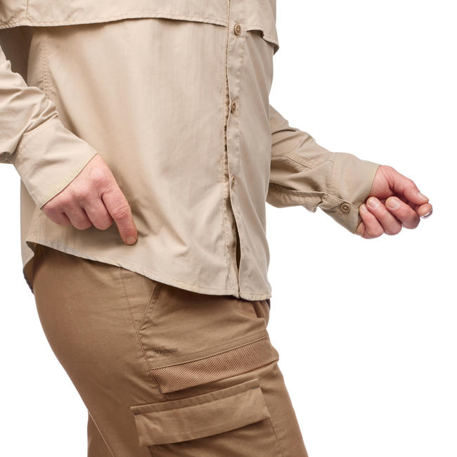 Men's long sleeved antiUV desert trekking shirt DESERT 500 Beige
