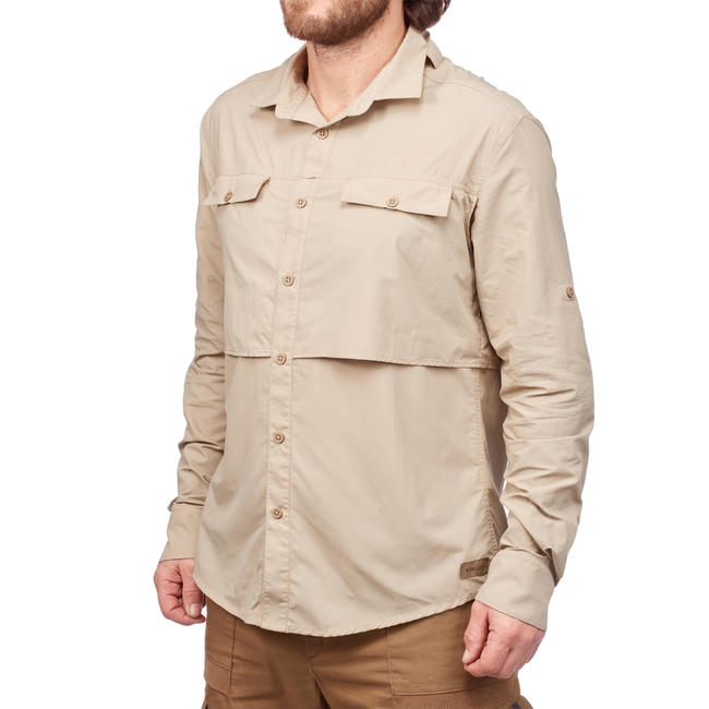 Men's long sleeved antiUV desert trekking shirt DESERT 500 Beige