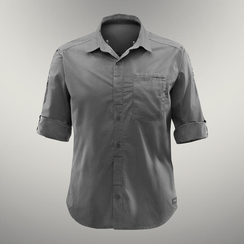 Men’s Long-sleeved Travel Trekking Shirt TRAVEL 500 MODUL - Khaki