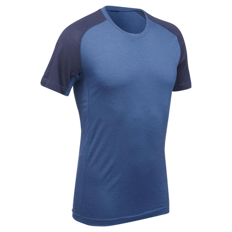 T-shirt manches courtes de trek montagne - TREK 500 MERINOS bleu homme