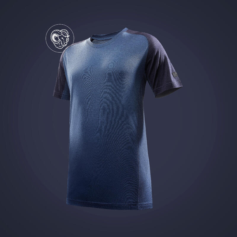 T-shirt manches courtes de trek montagne - TREK 500 MERINOS bleu homme