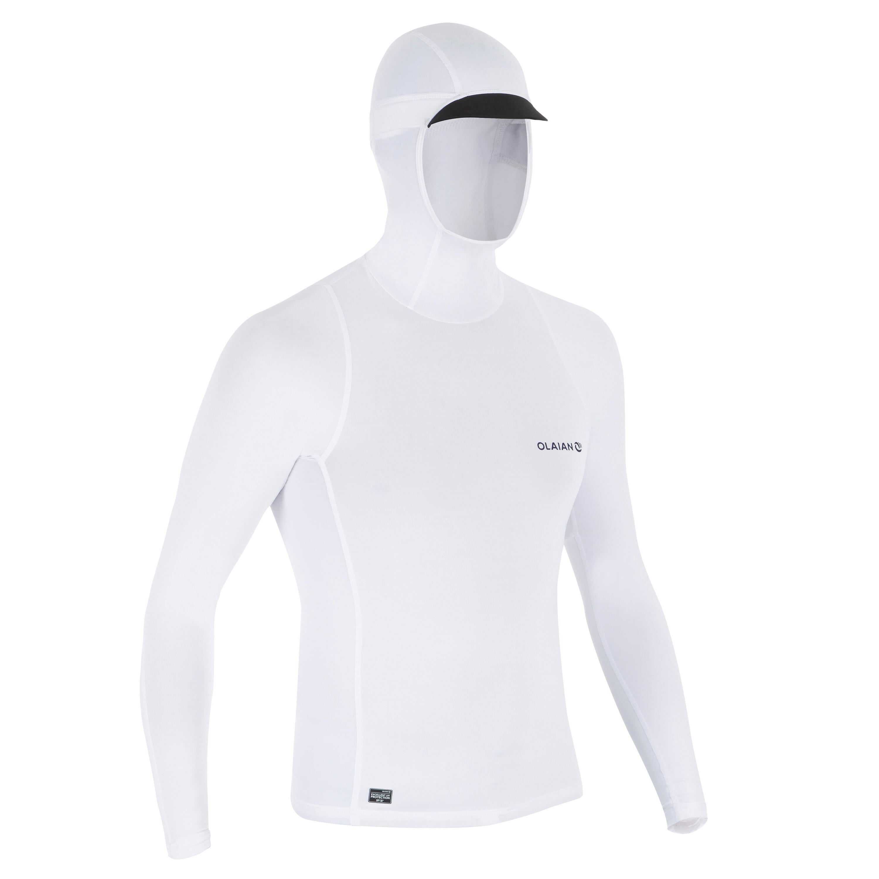 Olaian Uv Werende Rashguard 500 Met Capuchon Voor Heren Wit olaian kopen in de aanbieding
