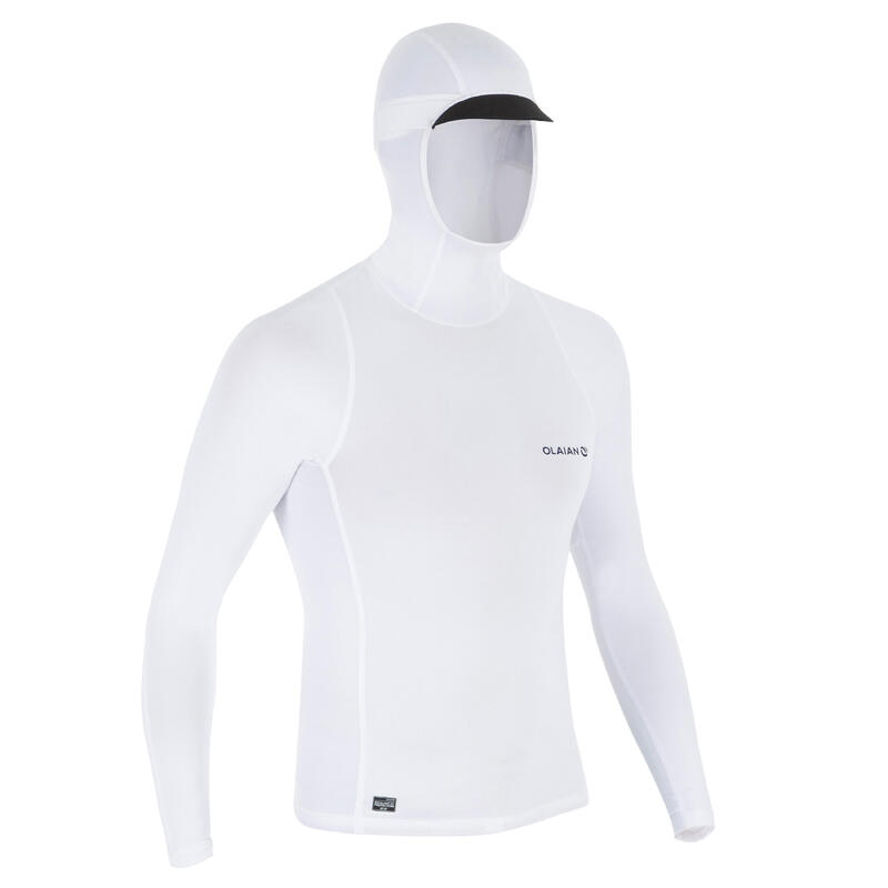 tee shirt anti uv surf top 500 capuche homme blanc