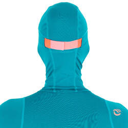 500 women's UV-protection surfing T-shirt top with hood - Blue green