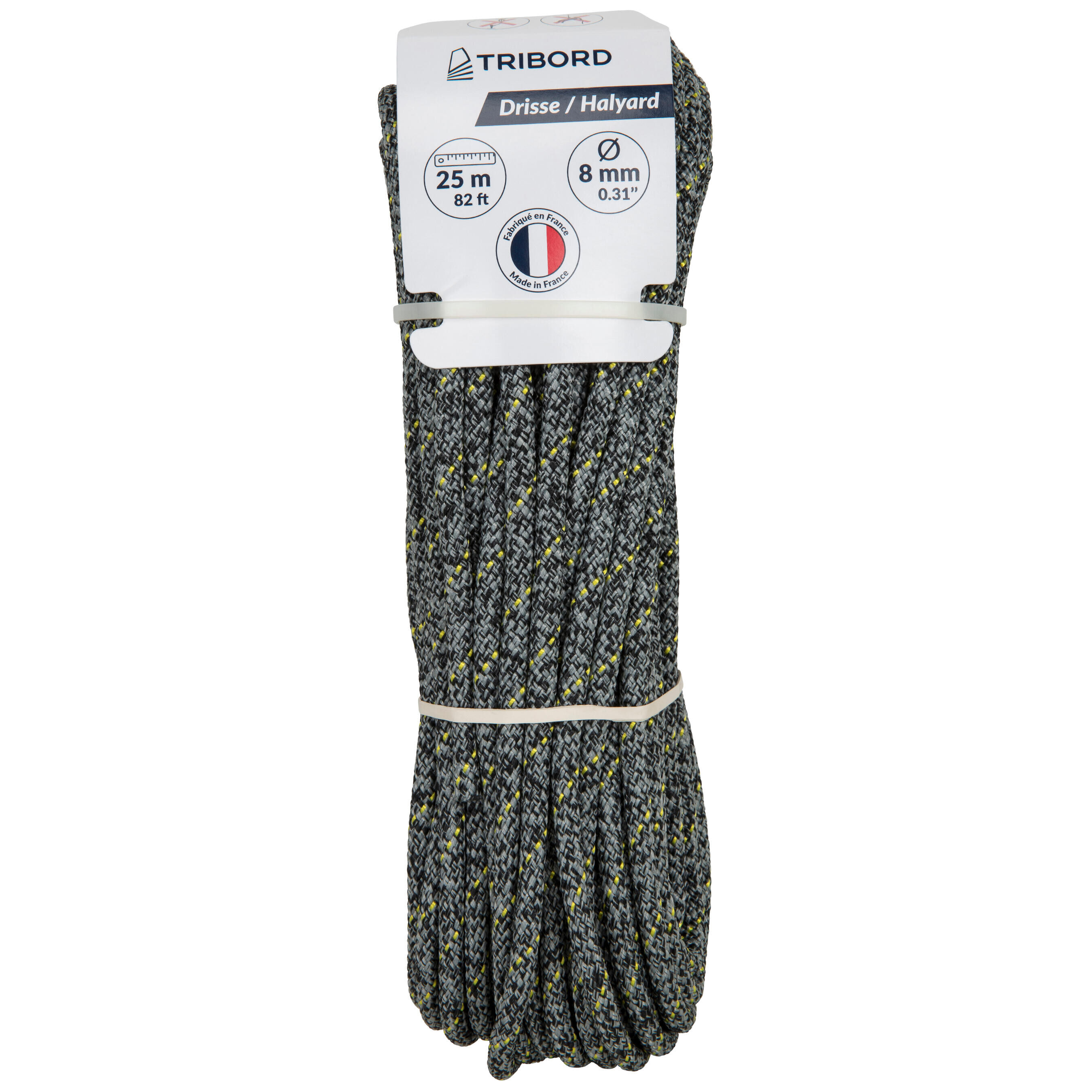 TRIBORD Sailing Halyard 8 mm x 25 m - Grey/Black/Yellow