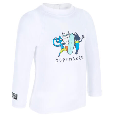 Дитяча футболка 100 для серфінгу, з довгим рукавом та з УФ-захистом - Біла