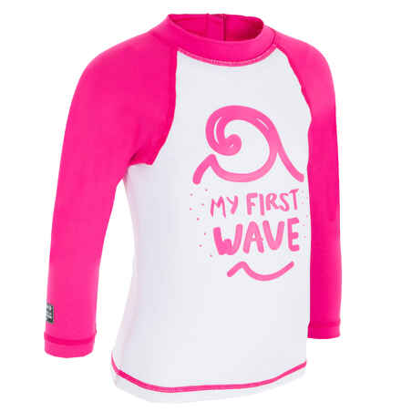 Camiseta antiUV surf top 100 manga larga bebé blanca rosada reciclado