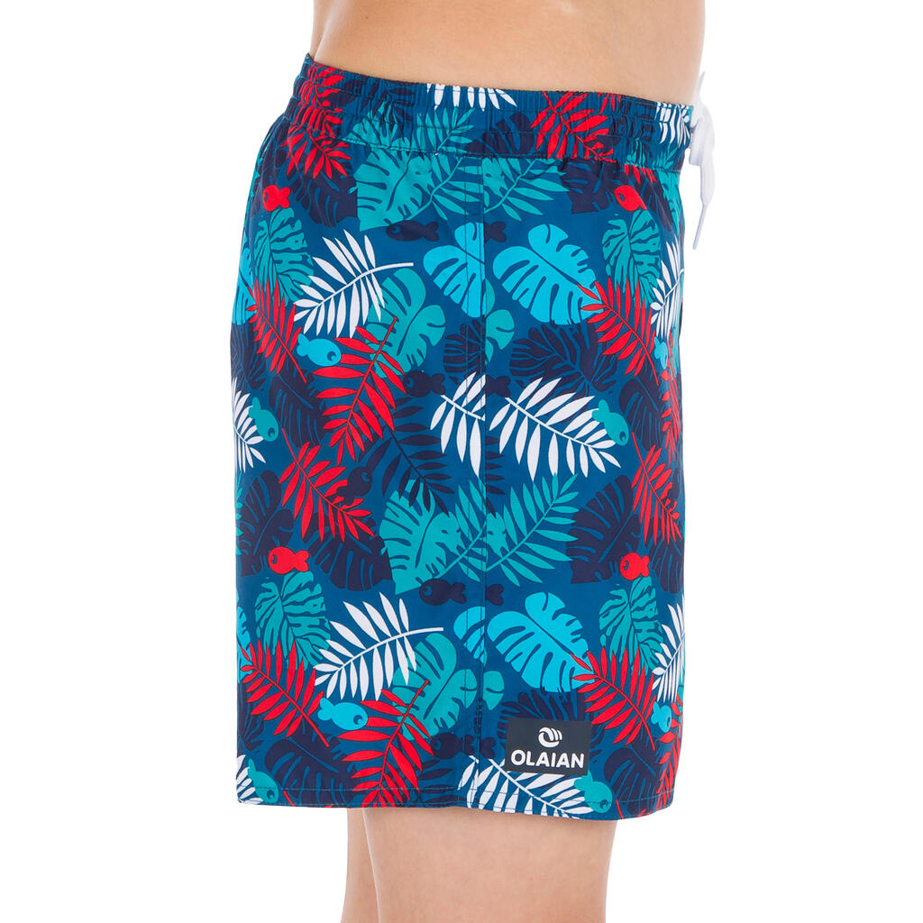 Kurze Boardshorts Surfen 100 Palmitos Kinder blau mit Print