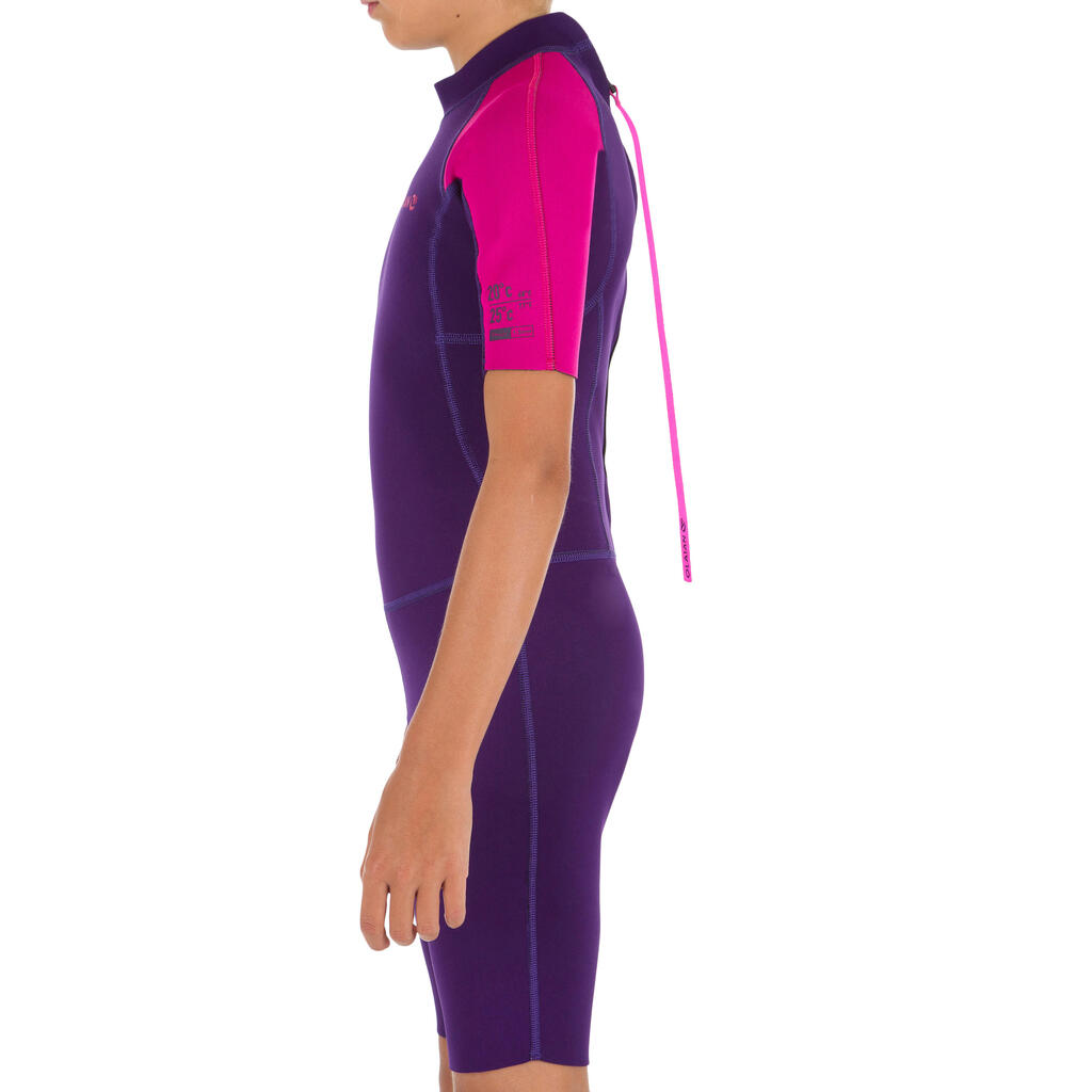 Detský neoprén Shorty 100 na surf s hrúbkou 1,5 mm fialovo-ružový