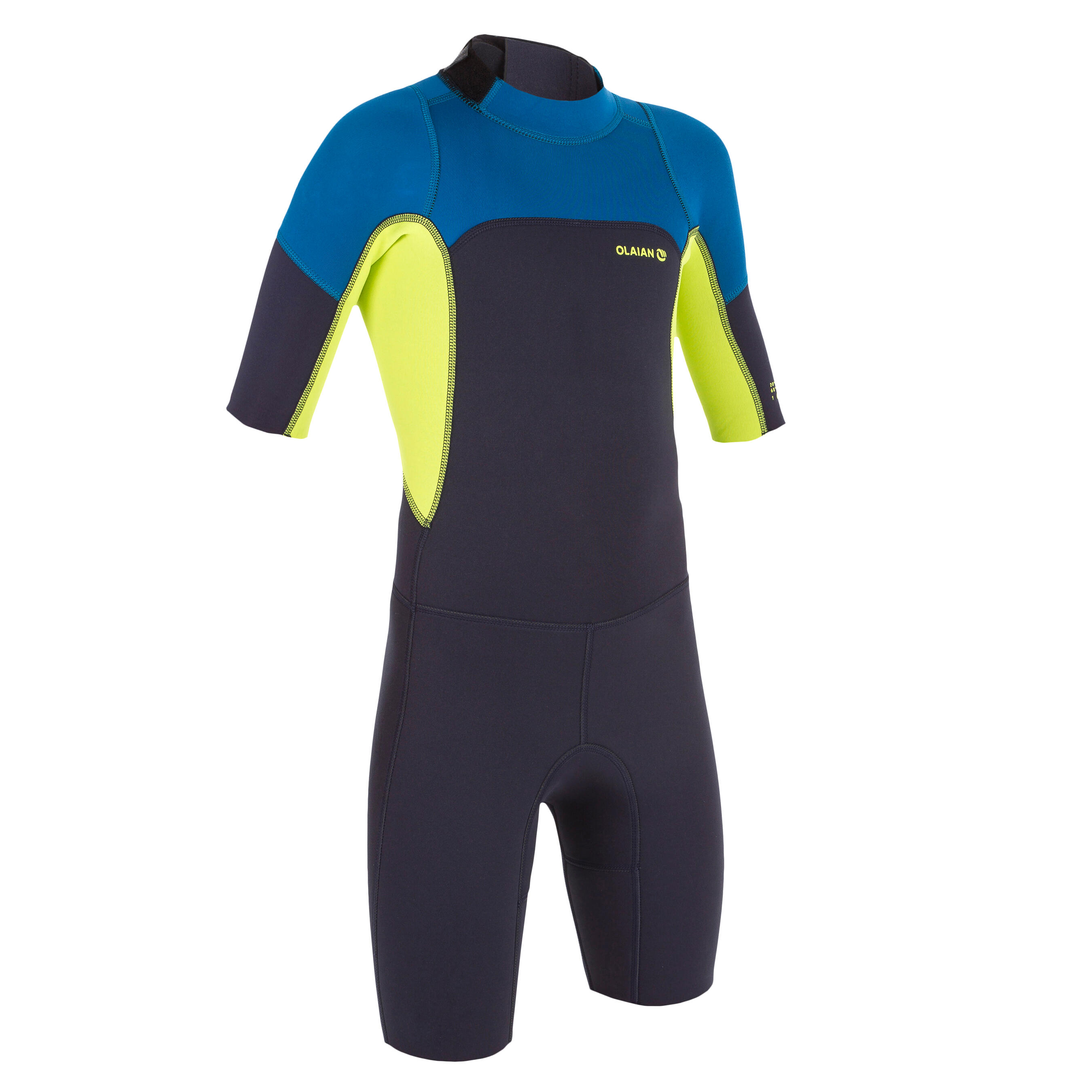 OLAIAN 500 child's 2mm stretch neoprene navy blue yellow Shorty Surfing wetsuit