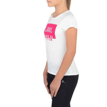 T-Shirt 100 MC Gym Fille imprimé blanc rose