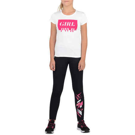 T-Shirt 100 MC Gym Fille imprimé blanc rose