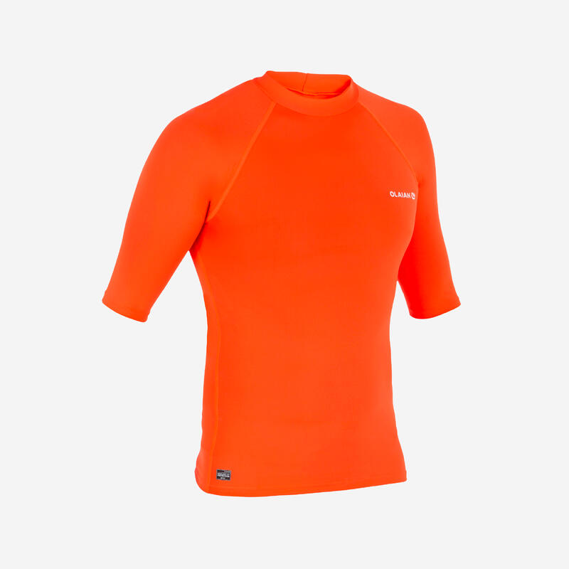 Uv-werende rashguard met korte mouwen voor surfen heren 100 fluo oranje