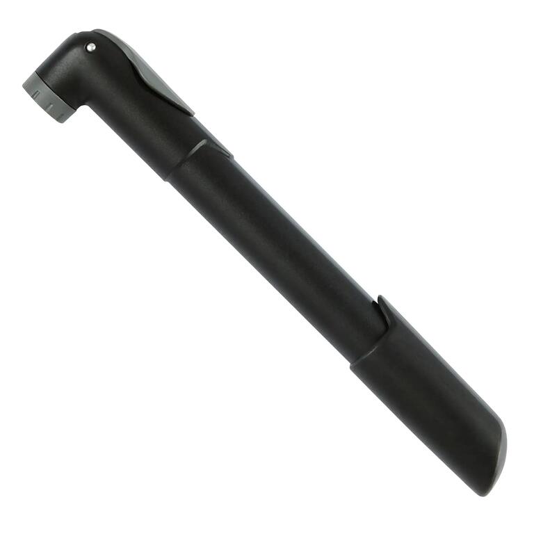Compact black bike hand pump with angled pump head.