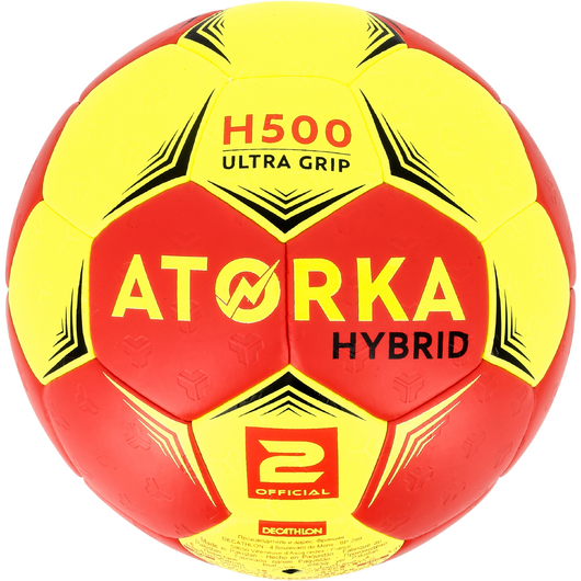 Ballon de handball adulte hybride H500 T2 rouge/jaune