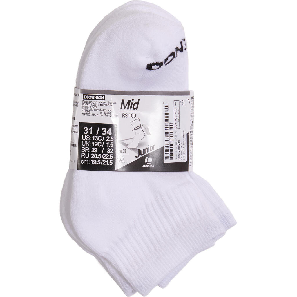 CALCETINES MEDIOS TENIS Niños  ARTENGO  RS 100 PAQ DE 3 BLANCO