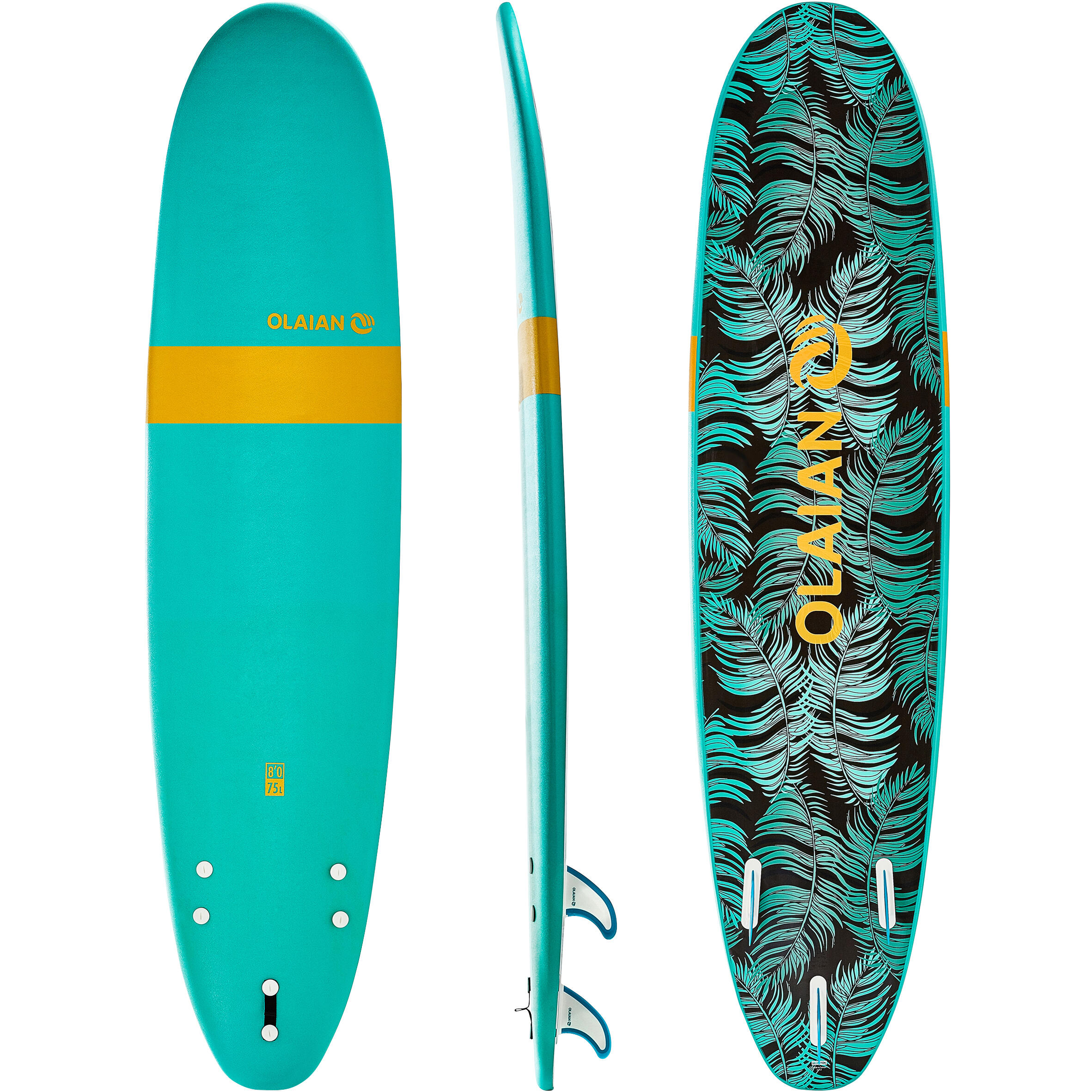 Olaian Foam surfboard 8' 100. Geleverd met een leash en drie vinnen