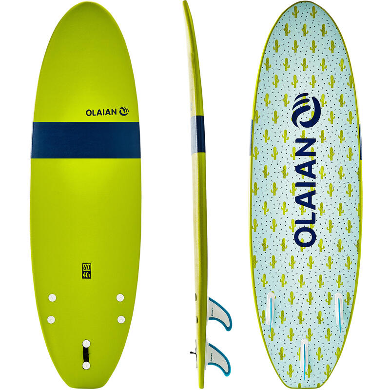 Planche de surf en mousse 6' 100. Livrée avec 1 leash et 3 ailerons.