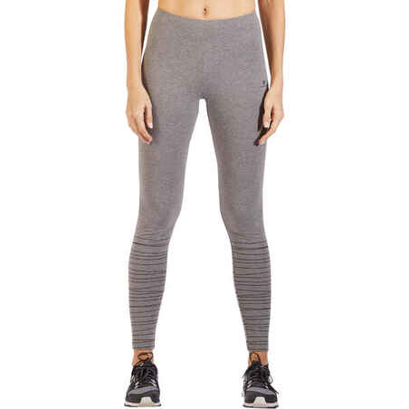 Fit+ 500 Women's Slim-Fit Gym & Pilates Leggings - Heathered Grey / Black Lines